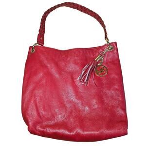 Michael Kors Cherry Red Pebbled Hobo Bag Braided strap Handle Gold Hardware